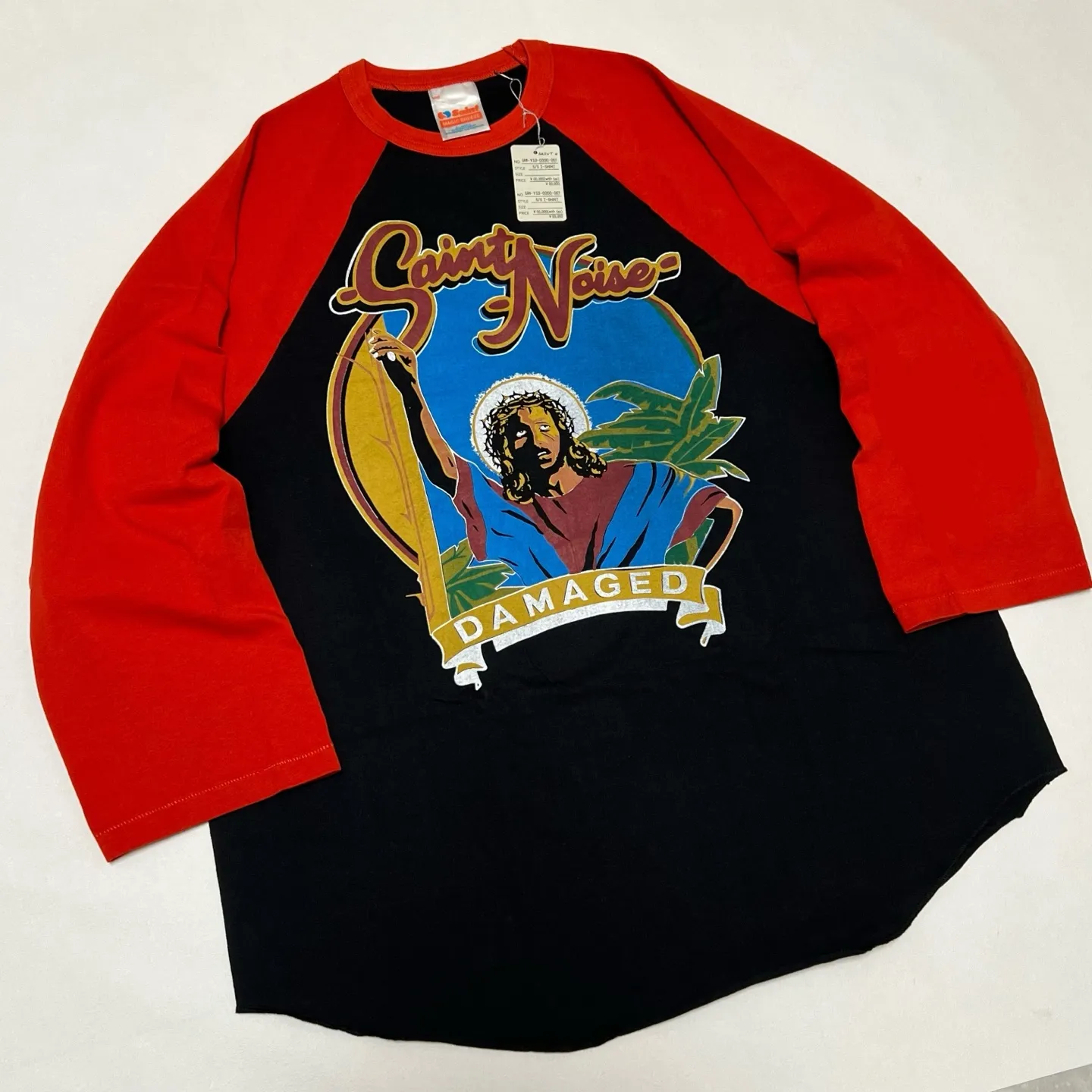 SAINT Mxxxxxx × LASTMAN LM_SS TEE/SNT NOISE/BLK Jesus horn sleeve color block TEE Black and red S-XL LAST MAN co-branded model Customized accessories Completely matched Horn sleeve color block Unlocked design Natural rewinding after washing Unique and handsome Top printing technology Undifferentiated restoration Cylindrical side seam fabric technology Top purchasing level